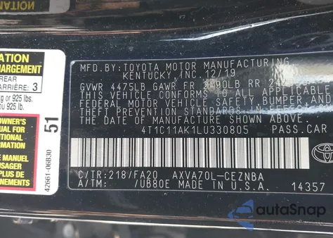 2020 Toyota Camry Le from USA, damaged, VIN 4T1C11AK1LU330805
